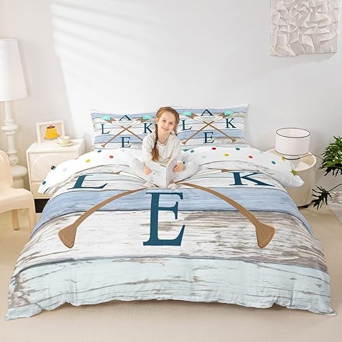 Miniatura 2 de Castle Fairy Juego de funda de edredón a rayas de madera, juego de ropa de cama con estampado de remo para niños, adultos, mujeres, rústico,