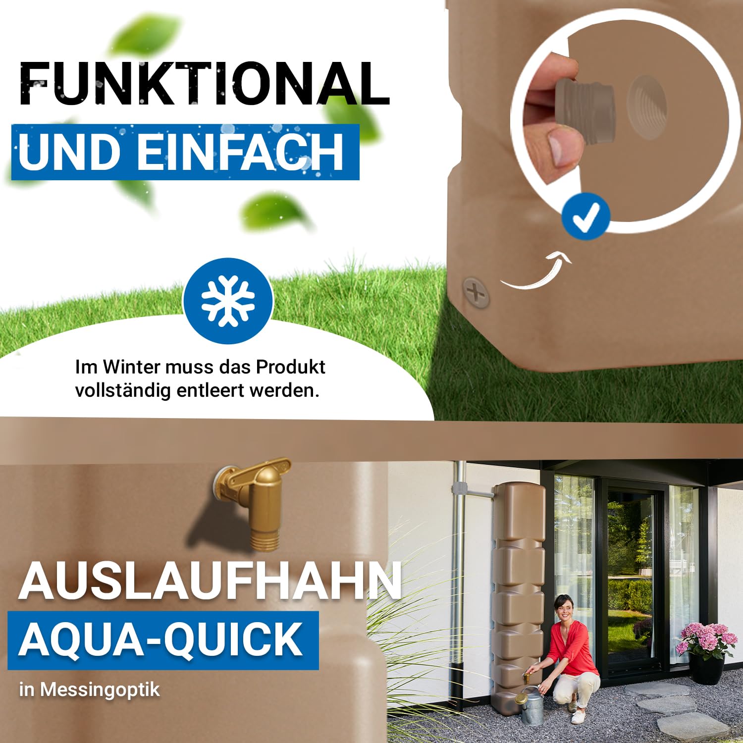 4rain Basic Regentonne Set 300 Liter Taupe Wassertonne | mit Kunststoff-Auslaufhahn Fallrohranschluss Regenwassertank Wassertank für Garten Regenfass Regenwassertonne Wasserbehälter