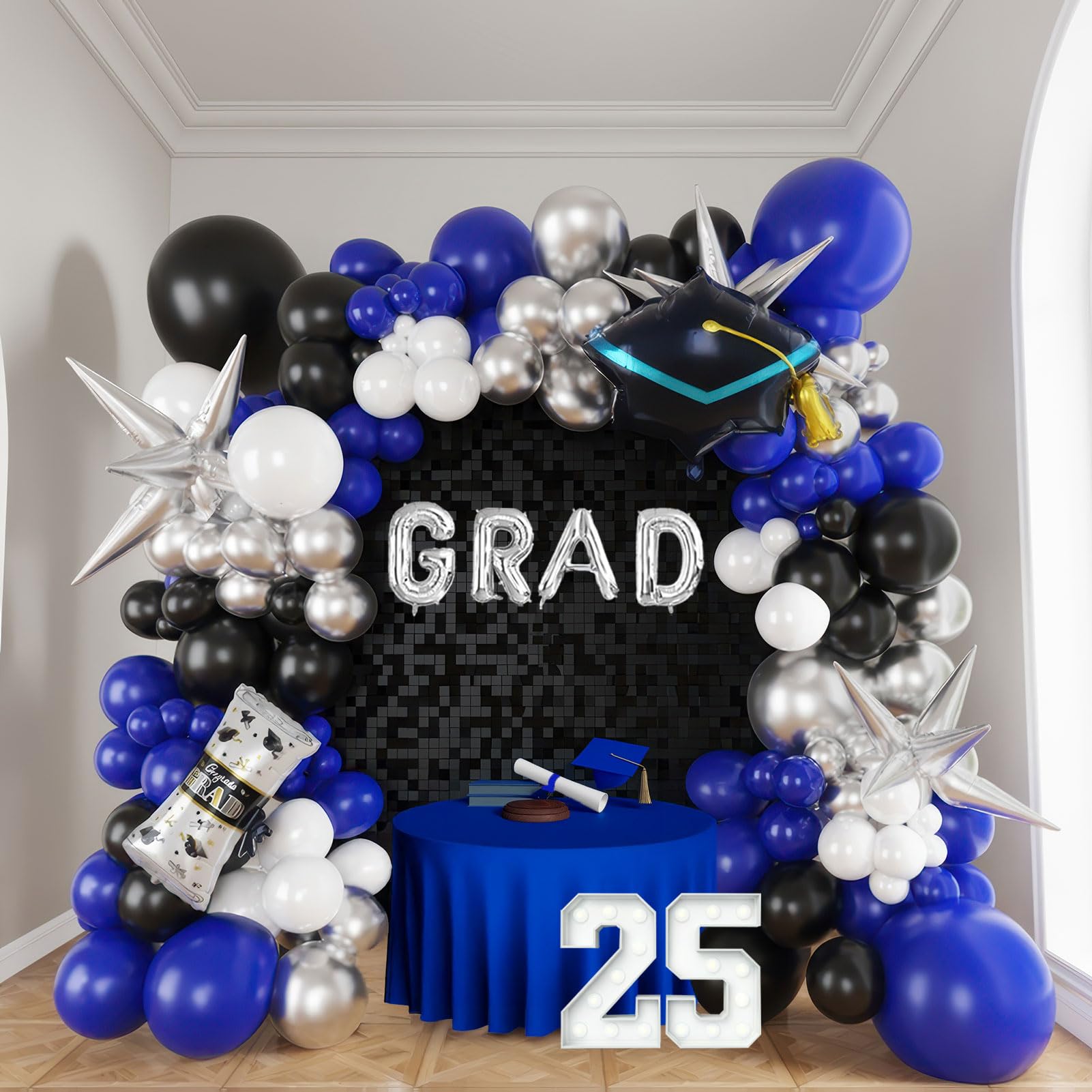 Royal blue and black white silver balloon kit 110PCS with graduation cap star letters Balloons for Congratulations Class of 2025 Graduation Party