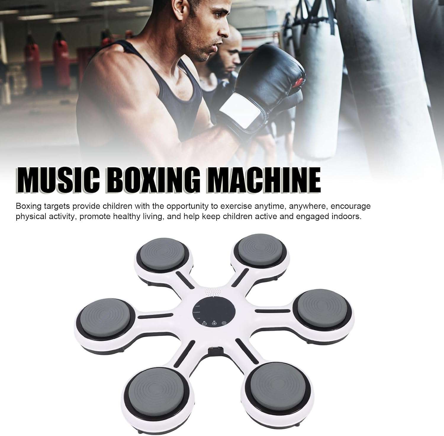 An adult using the music boxing machine for training