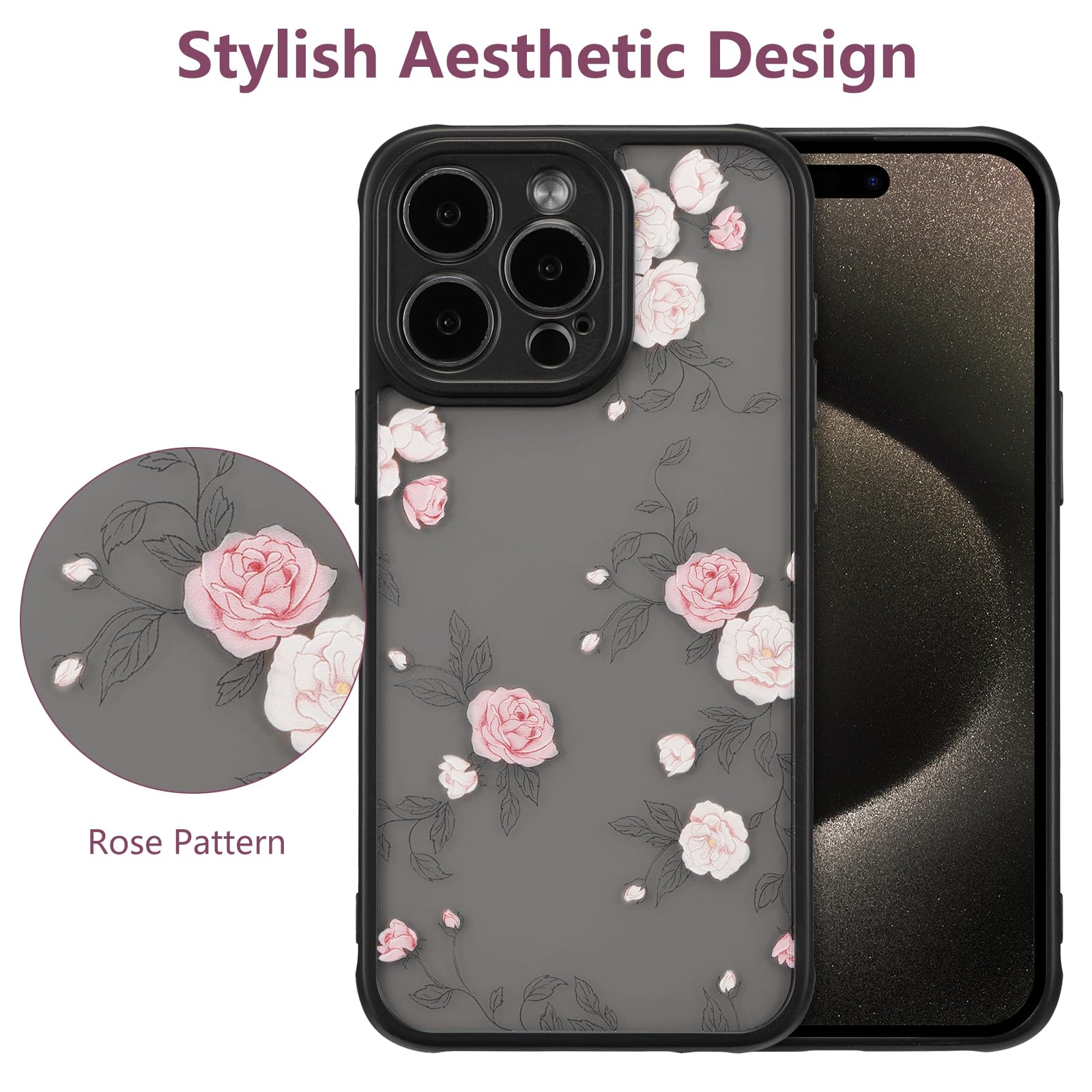 XIZYO Rose Flower Case for iPhone 13 Pro Max, Cute Frosted Translucent Rose Floral Pattern Aesthetic Phone Case - Image 3