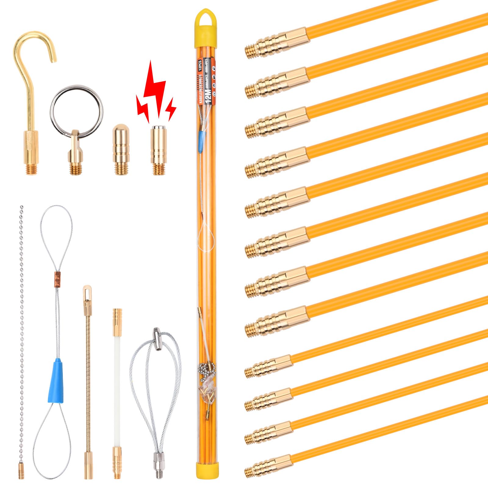 Câble de 12 m, 12 barres, 4 barres x 100 cm x 4 mm, spirales de rétraction, 8 tiges de 100 cm x 6 mm avec 9 adaptateurs pour tuyaux vides pour la pose de câbles
