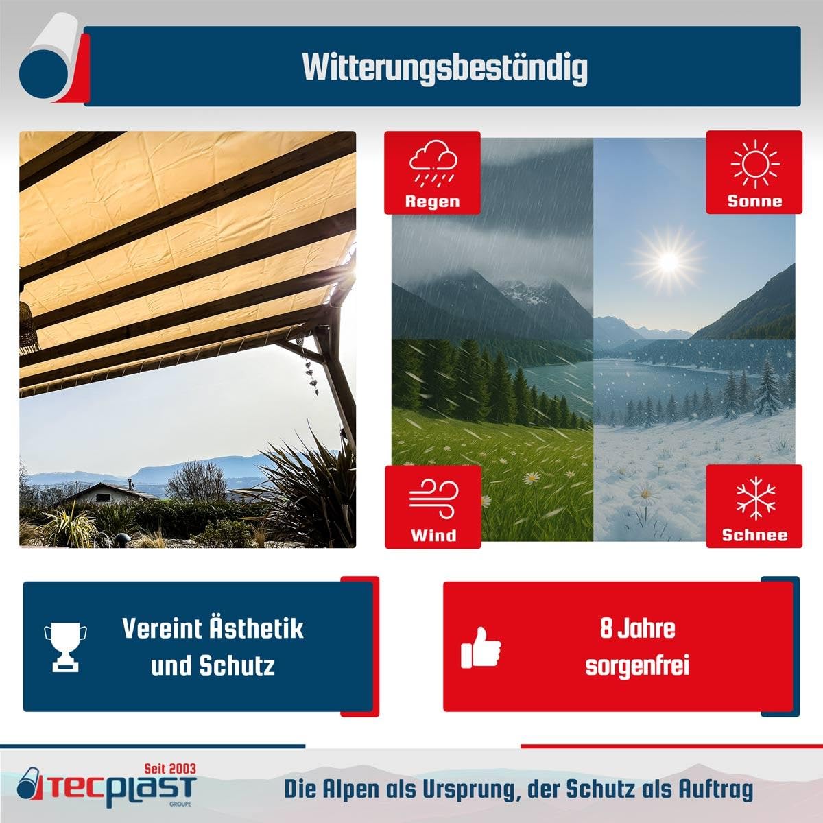 Pergola-Plane Cremeweiss 4x6 m - 8 Jahre Garantie TECPLAST - LP640PR - wasserdichte PVC Plane für Pergola oder Gartenlaube