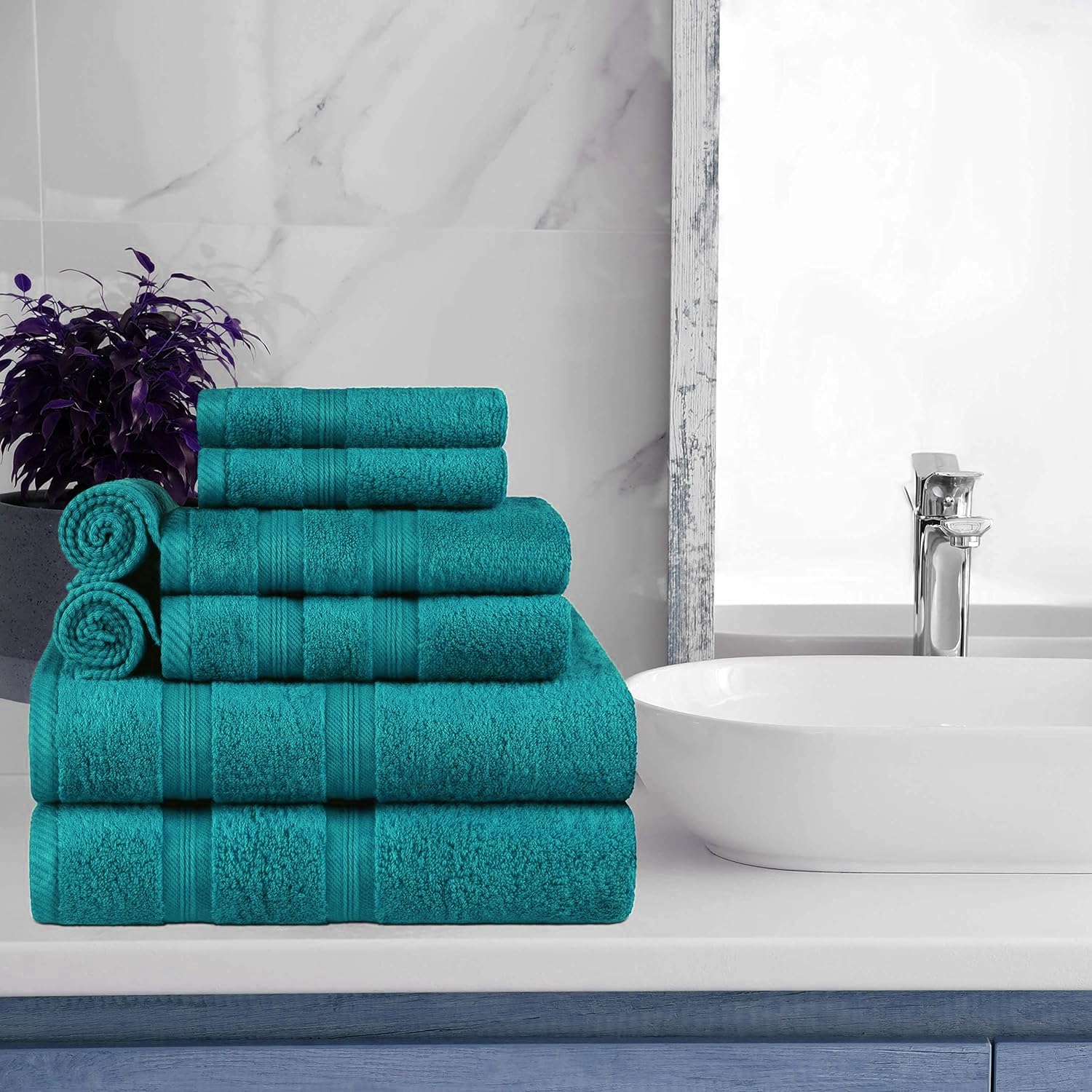 Set di 8 asciugamani in 100% cotone egiziano, 500 g/m², di alta qualità, ad asciugatura rapida, multiuso, morbidi per viso e mani, grandi asciugamani da bagno (verde acqua)