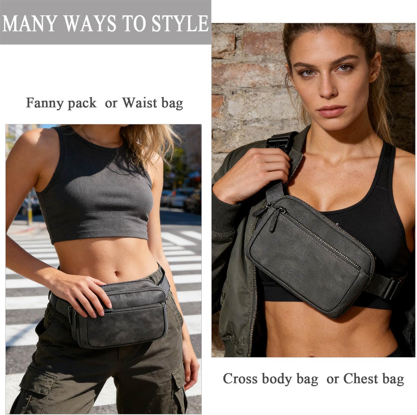 Fanny Packs for Women, Leather Vegan Belt Bag Crossbody Waist Bag Adjustable Strap, Large Fashion Everywhere Belt Bag, Grey