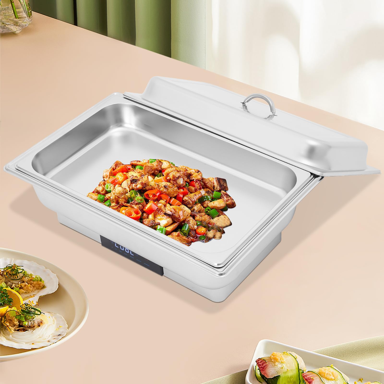 Scaldavivande elettrico da 9 l, in acciaio inox, 600 W, con touchscreen e display digitale, 35-90 °C, scaldavivande per gastronomia, catering e feste, contenitore GN 1/1 e coperchio, argento