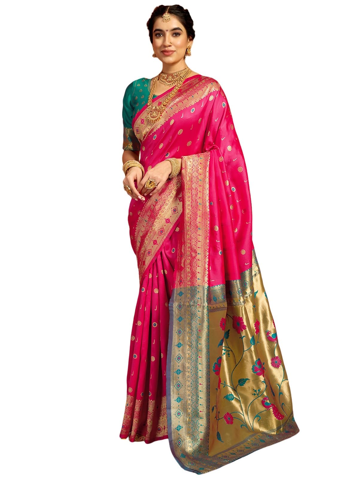 Satrani Women's Silk Paithani Jacquard Saree With Unstitched Blouse Piece (4048S6338N_Rani Pink & Teal Green)