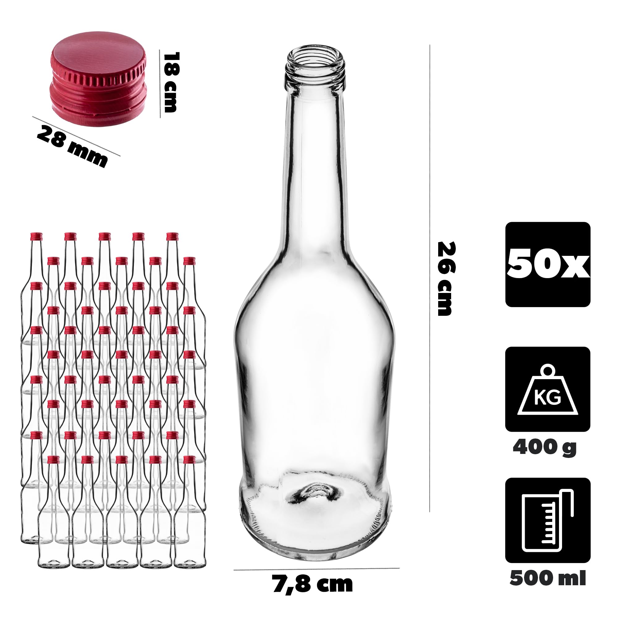 KADAX Juego de 50 botellas de licor de 500 ml, botellas vacías para llenar aceite, vinagre, licor, vino y licor, botellas de cristal, botellas de licor, botellas de zumo (rojo)