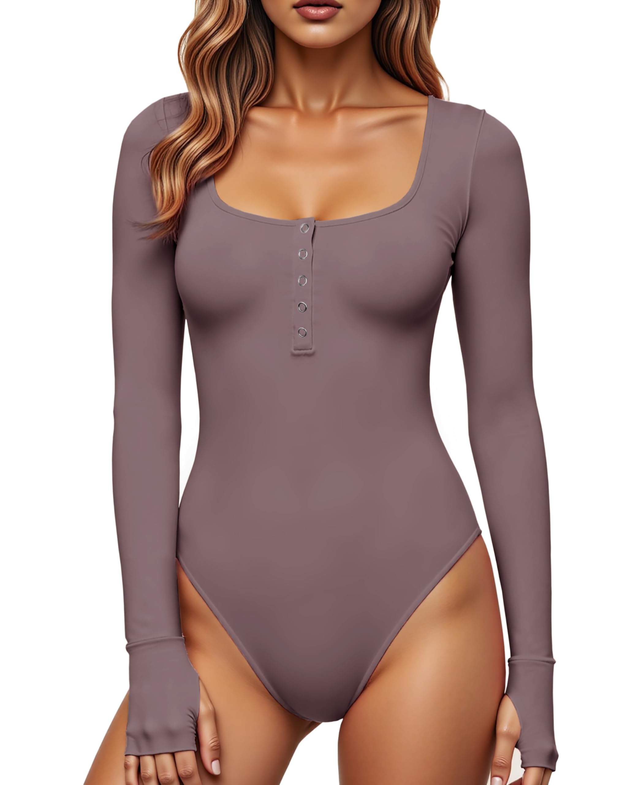GJY Damen Bodysuits,Druckknopf-Verschluss Rundhalsausschnitt Lange Ärmel Lässiger Schmal Geschnittener Jumpsuit,Hemden Oberteile