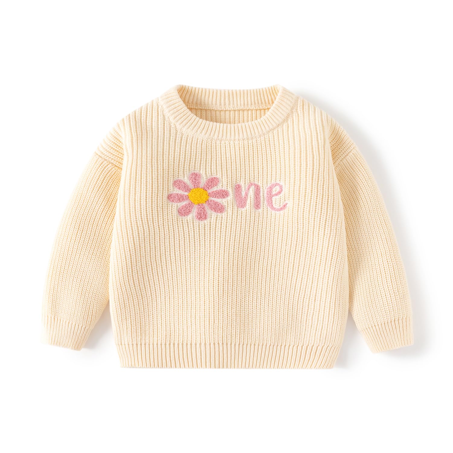 Toddler Knit Sweater, Pink with Daisy Design, Ribbed Crewneck (US, Age, 12 Months, 24 Months, Beige)