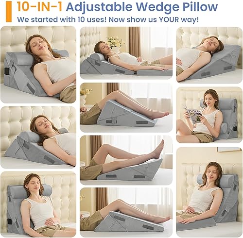 Sasttie Wedge Pillow Set for After Surgery, 3PCS Adjustable Bed Wedge Pillow Headboard with Memory Foam Neck Cushion – for Acid Reflux, Sleeping, Neck & Back Support, Dark Grey & White(Velvet - Light Grey,Adjustable 9&12 Inch + 1 Head Pillow)