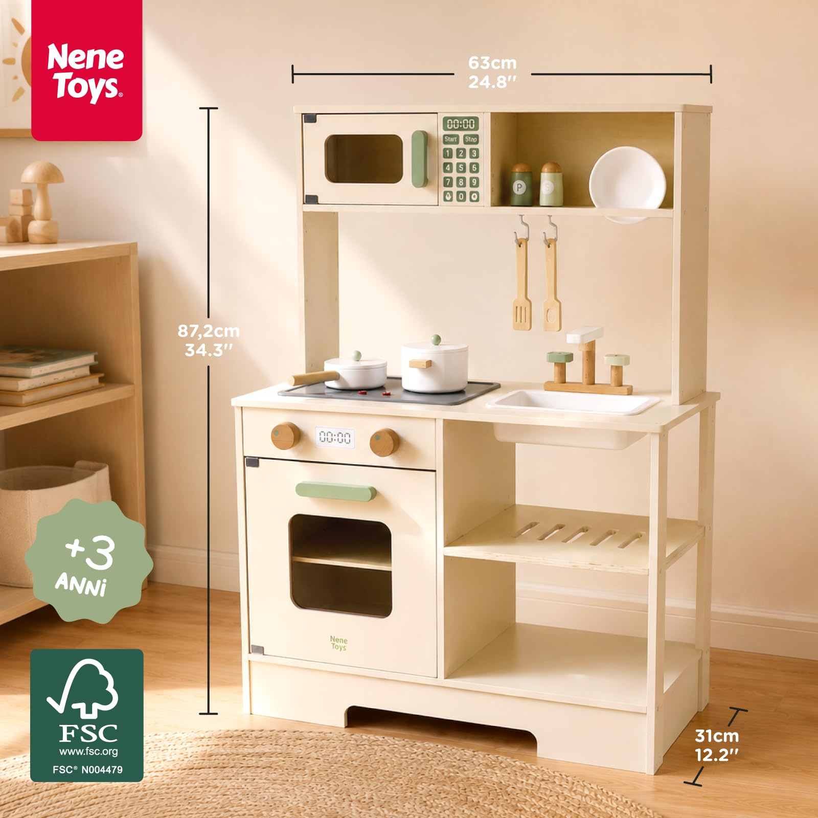 Nene Toys Cucina Giocattolo per Bambini – Cucina in Legno per Bambini con Luci e Suoni, Microonde e Forno, Ripiani e Ganci + Accessori – Gioco Montessori dai 3 Anni – Idea Regalo Bambina e Bambino