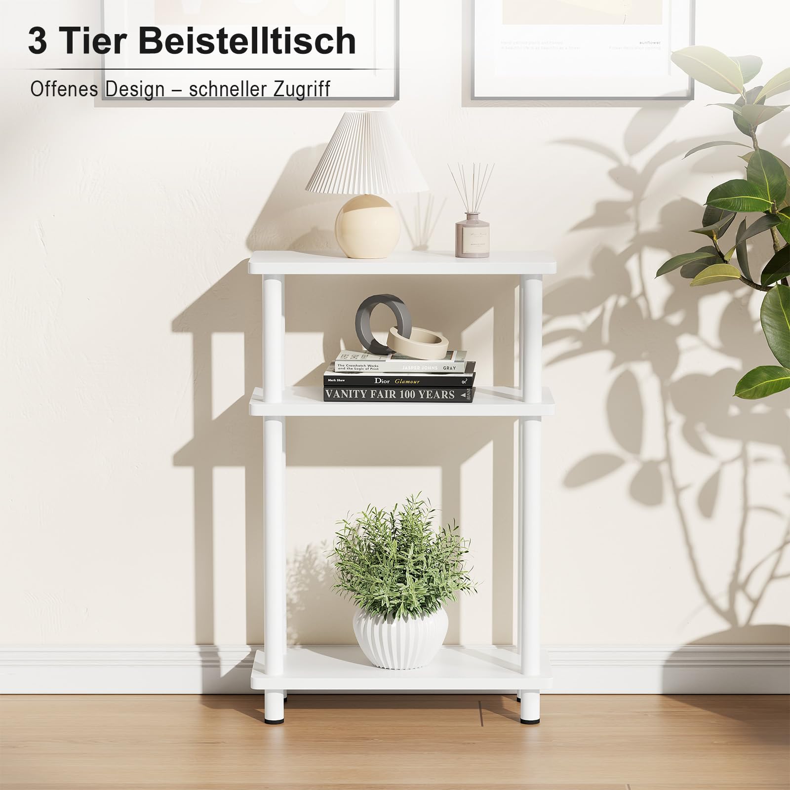YOUDENOVA Mesa Auxiliar Sofa Estrecha, Mesa Auxiliar de 3 Niveles, Mesita Auxiliar Salon de Estar con Almacenamiento, Ideal para Sala de Estar, balcón, Dormitorio y Estudio, Blanco