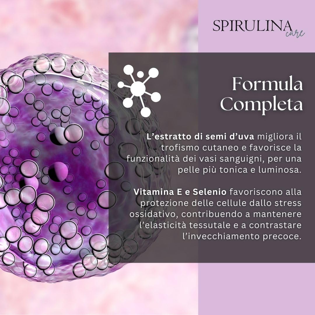 SPIRULINA BECAGLI - Semi d'uva (OPC) e Resveratrolo – Antiossidante per Pelle e Microcircolo con Spirulina, Tè Verde, Vitamina E e Selenio – 60 compresse da 800 mg
