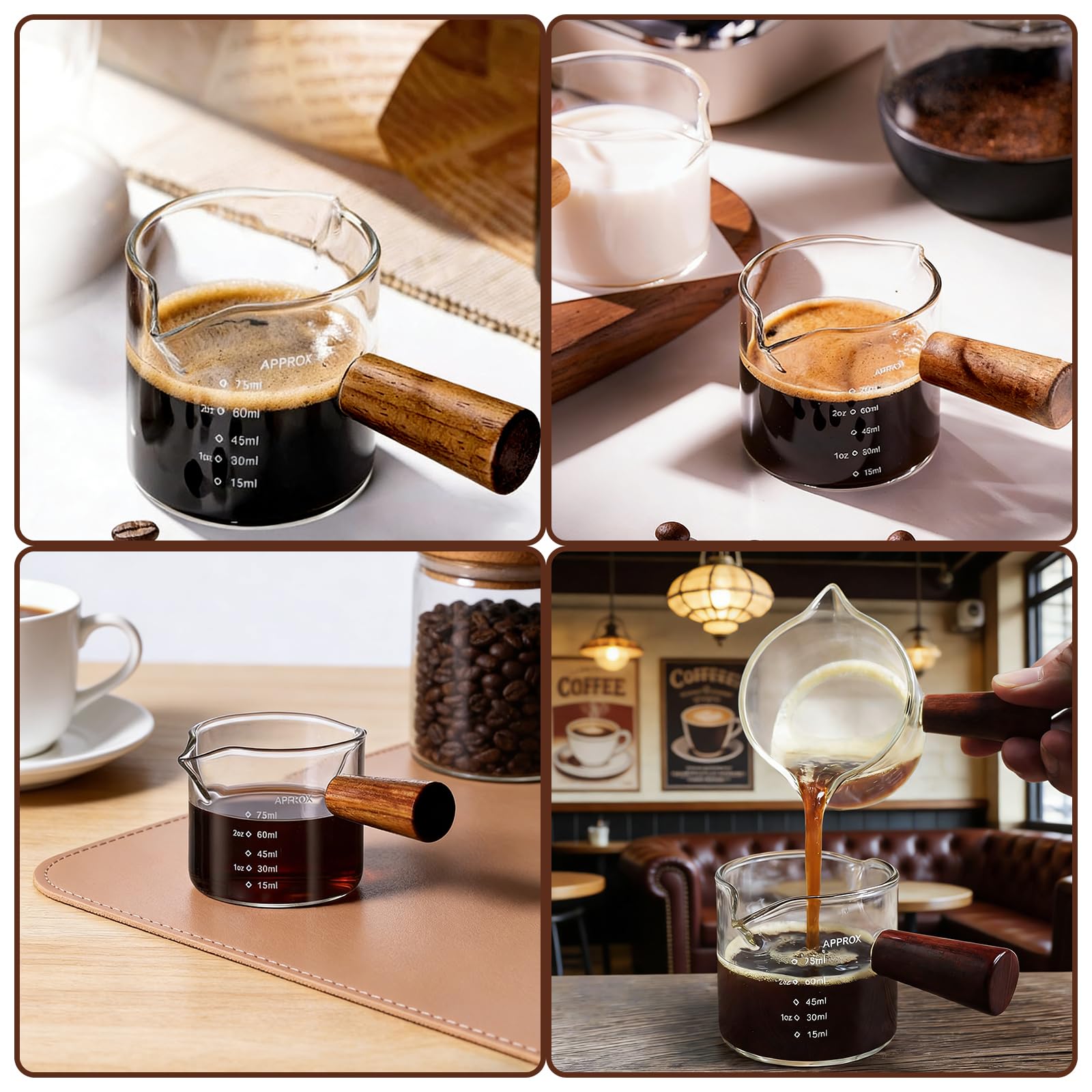 2 kubki z miarką do espresso, z drewnianym uchwytem, 75 ml, podwójny nalewak w kształcie litery V, podwójny nalewak, przezroczyste szkło, dzbanek do spieniania mleka, mały kubek do pomiaru