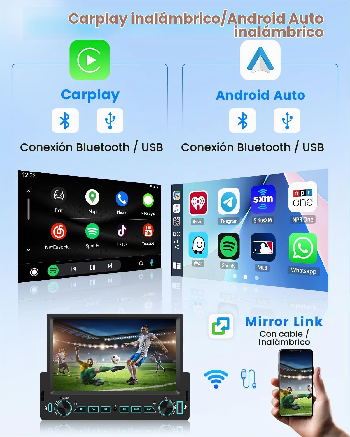 Hikity Autorradio FM Android 1 DIN Compatible con CarPlay inalámbrico y Android Auto, Radio con Pantalla táctil HD de 7 Pulgadas Mirror Link Bluetooth SWC USB cámara y función de Carga