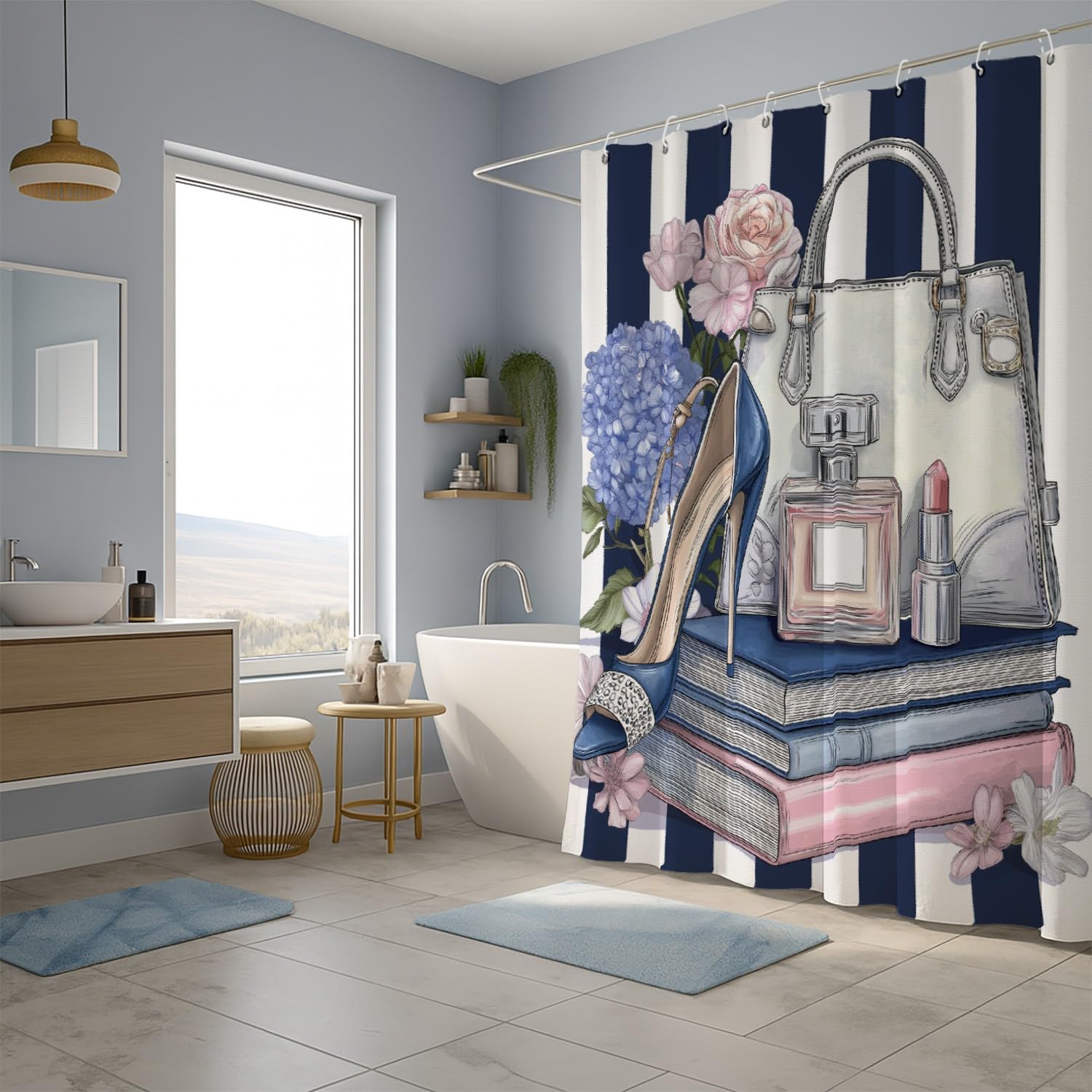 Zasłona prysznicowa 180 x 200 cm, zasłona prysznicowa Anime Kreskówka Perfumy w paski, kolorowa zasłona prysznicowa poliestrowa wodoodporna zasłona wannowa z haczykami do prysznica
