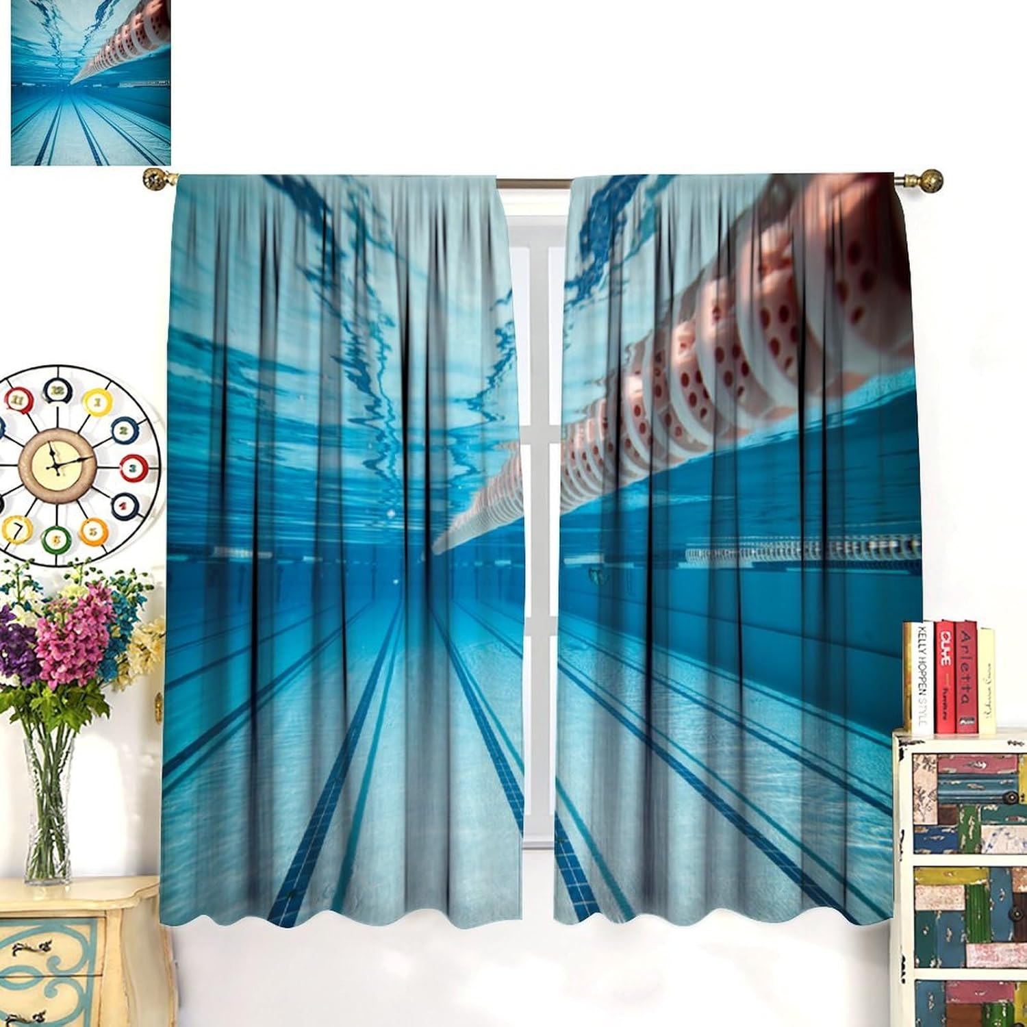 Sports Window Curtain,Swimming Pool Underwater View Theme Boys Kids, Cloth Fabric Rod Pocket Bedroom Cafe Dining Room Living Room Kitchen Office Nursery Drapes, 72x63 in