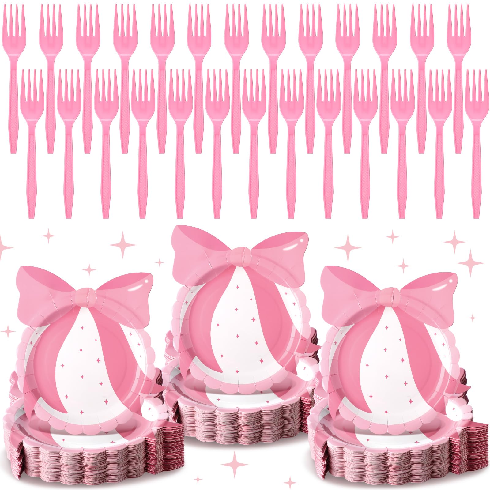 Zhehao 120 Pcs Pink Bow Paper Plate 11 Inch Scalloped Bowknot Tableware Dinnerware Birthday Party Supplies Disposable Paper Plates Pink Forks Party