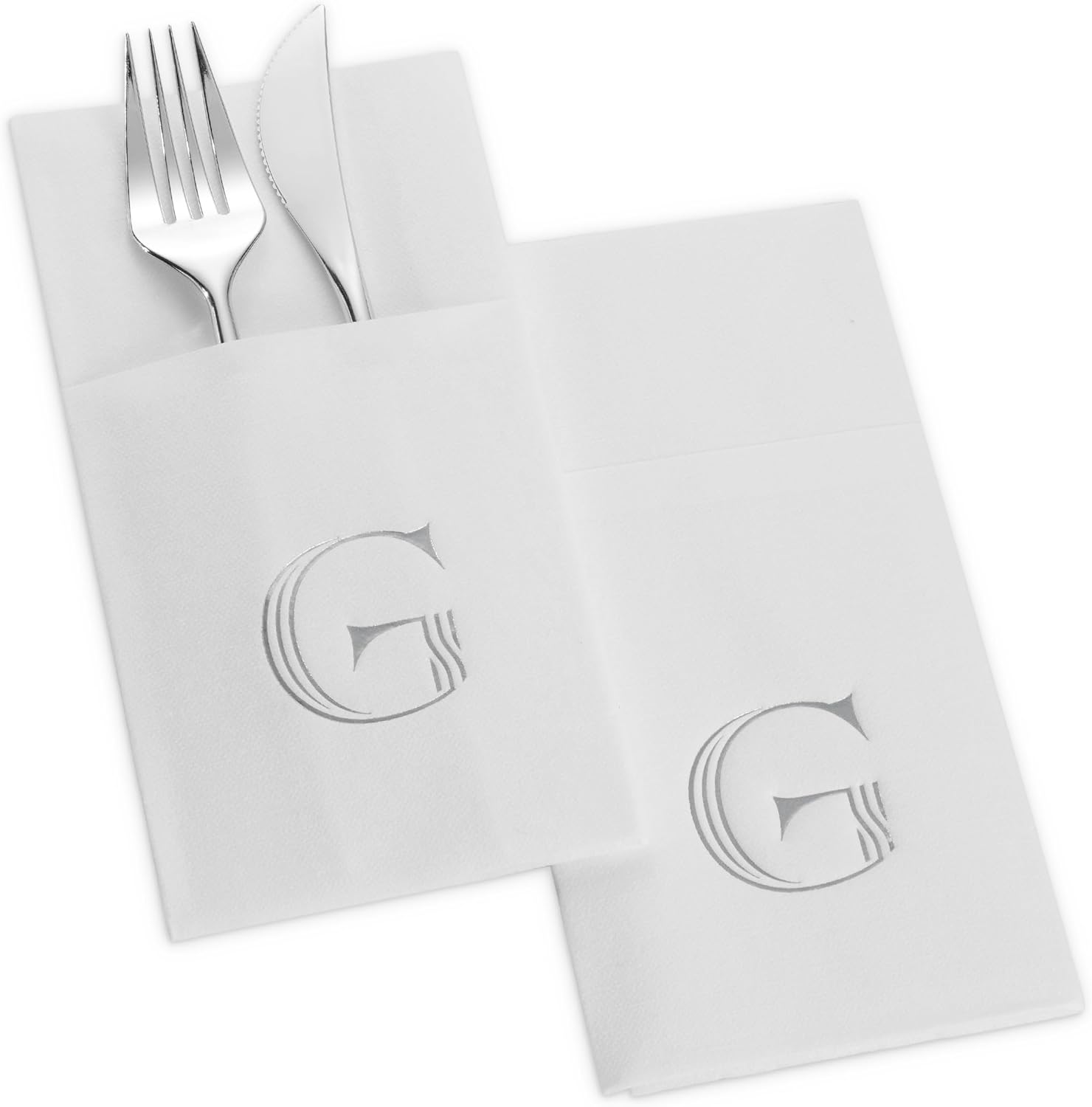 50-Pack Monogrammed Napkins With Pocket For Flatware, 16" x 16" Silver Foil Letter Q Disposable Linen-Feel Napkins, Prefolded Silverware Pocket Napkins For wedding, Party Or Baby Shower