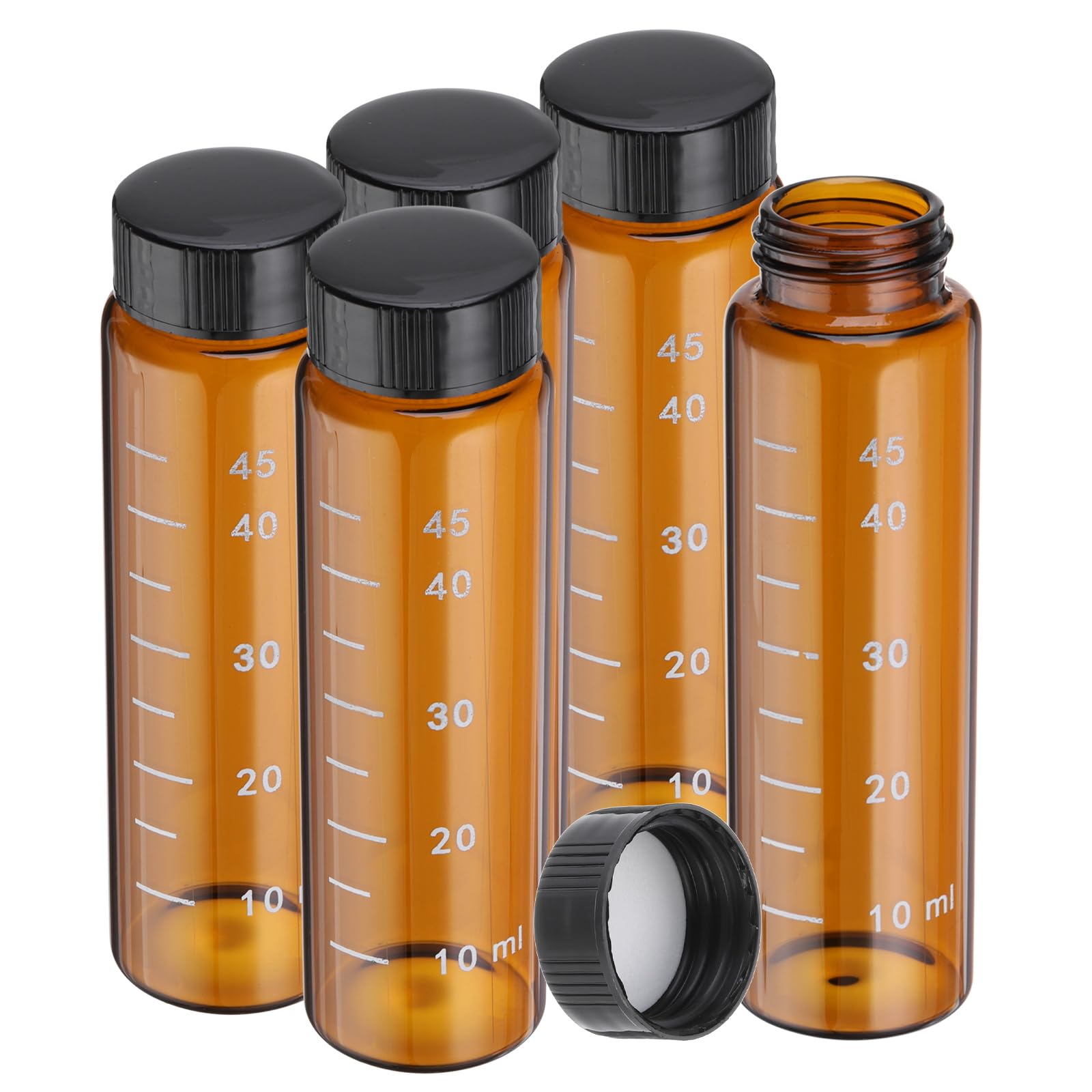 PATIKIL Piccole Bottiglie modello In Vetro Con Coperchio 5 Pezzi 50ml Vialetti In Vetro Ambrato Con Tappi A Vite Neri Mini Bottiglie Sigillate A Tenuta Stagna Per Reagenti Con misura
