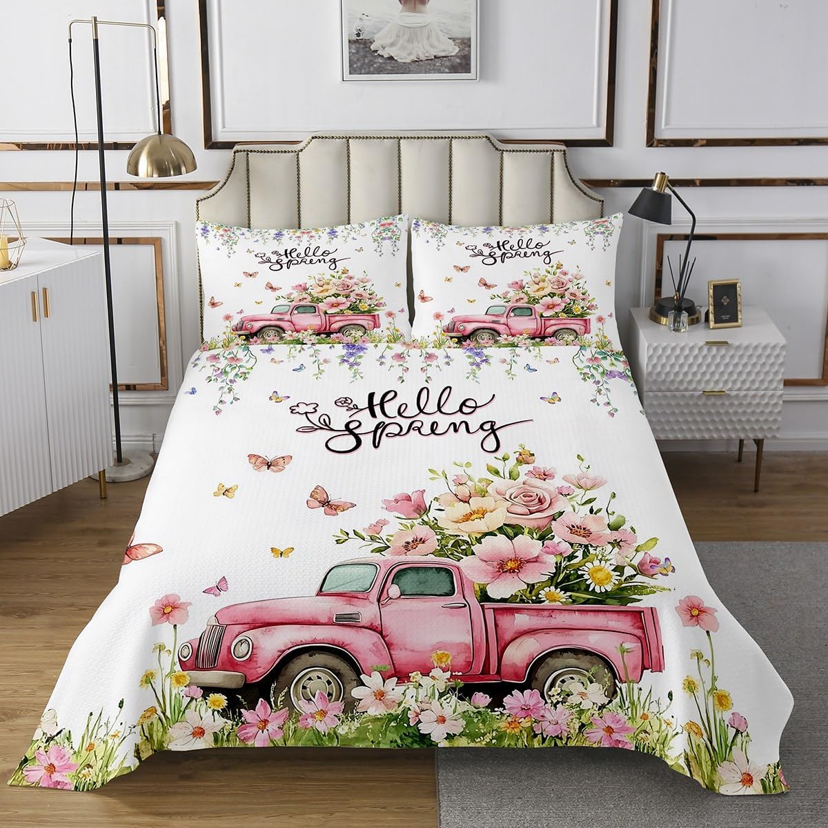 Manfei Hello Spring Bedspread Twin Size,Retro Truck Happy Camping Bedding Set 2pcs for Kids Teens Living Room Decor,Flowers Romantic Quilted Coverlet Soft Breathable with 1 Pillowcase