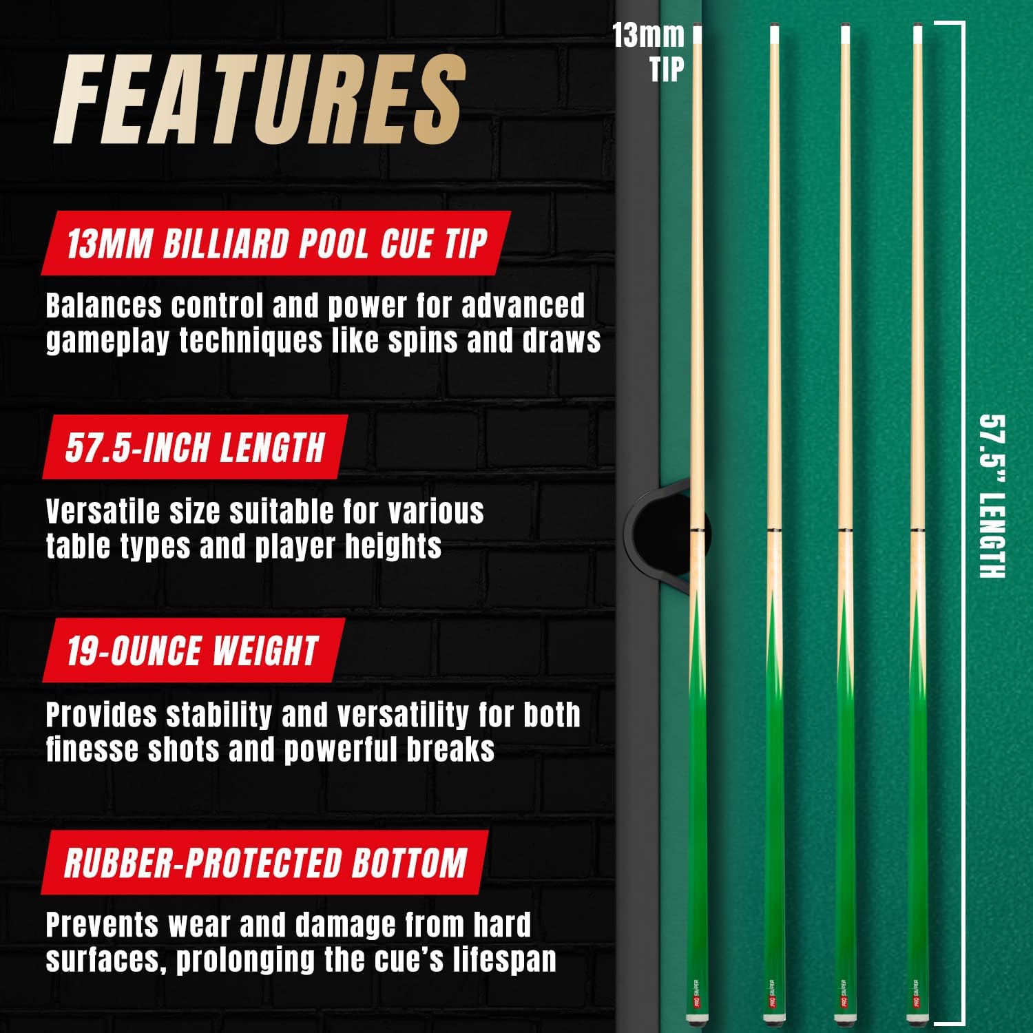 Prosniper Premium Pool Sticks Set of 4 | 58-Inch, 19-Oz Canadian Maple Pool Cue with Low-Deflection Shaft & 4 Extra Chalks | Pro-Grade Billiard Cue for Home & Bar Play