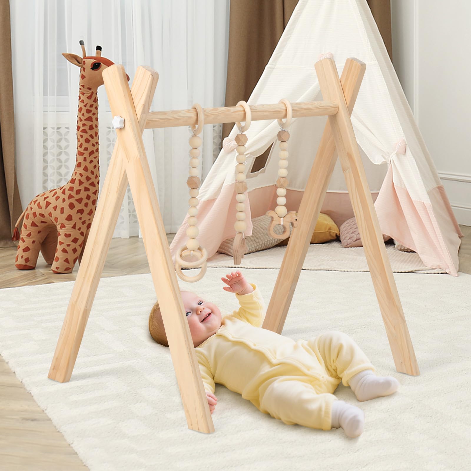 COSTWAY Gimnasio para Bebé de Madera Centro de Actividade con Juguete de Más de 3 Meses, Arco Plegable de Madera para Bebé con 3 Juguetes Extraíbles para Niños (Natural)