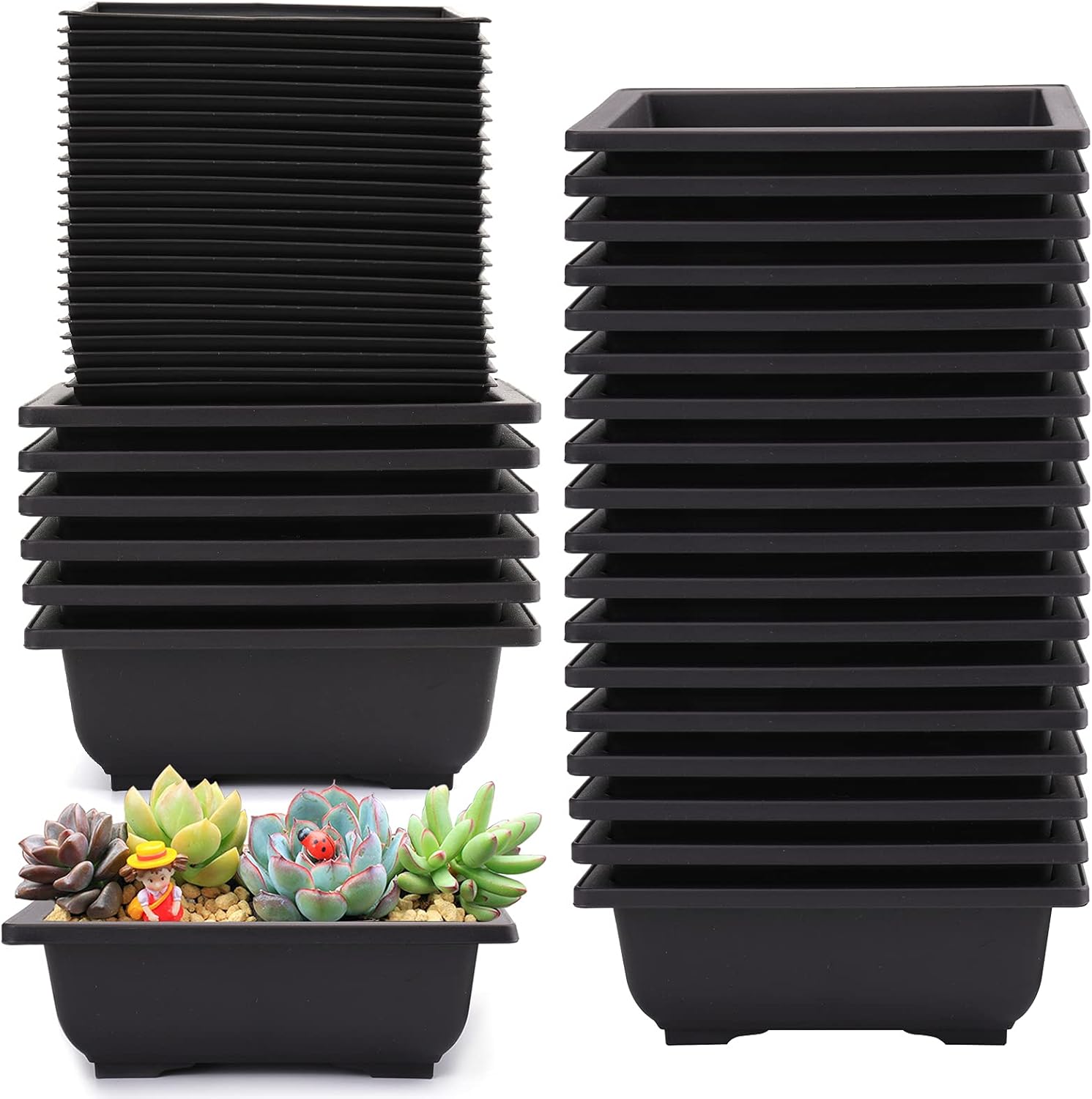 Yesland 24 Pcs Bonsai Training Pots of 6-1/2 Inch - Classic Deep Humidity Trays with Built in Mesh - Plastic Square Pot for Plants, Flowers, Herbs, African Violets & Seed Nursery