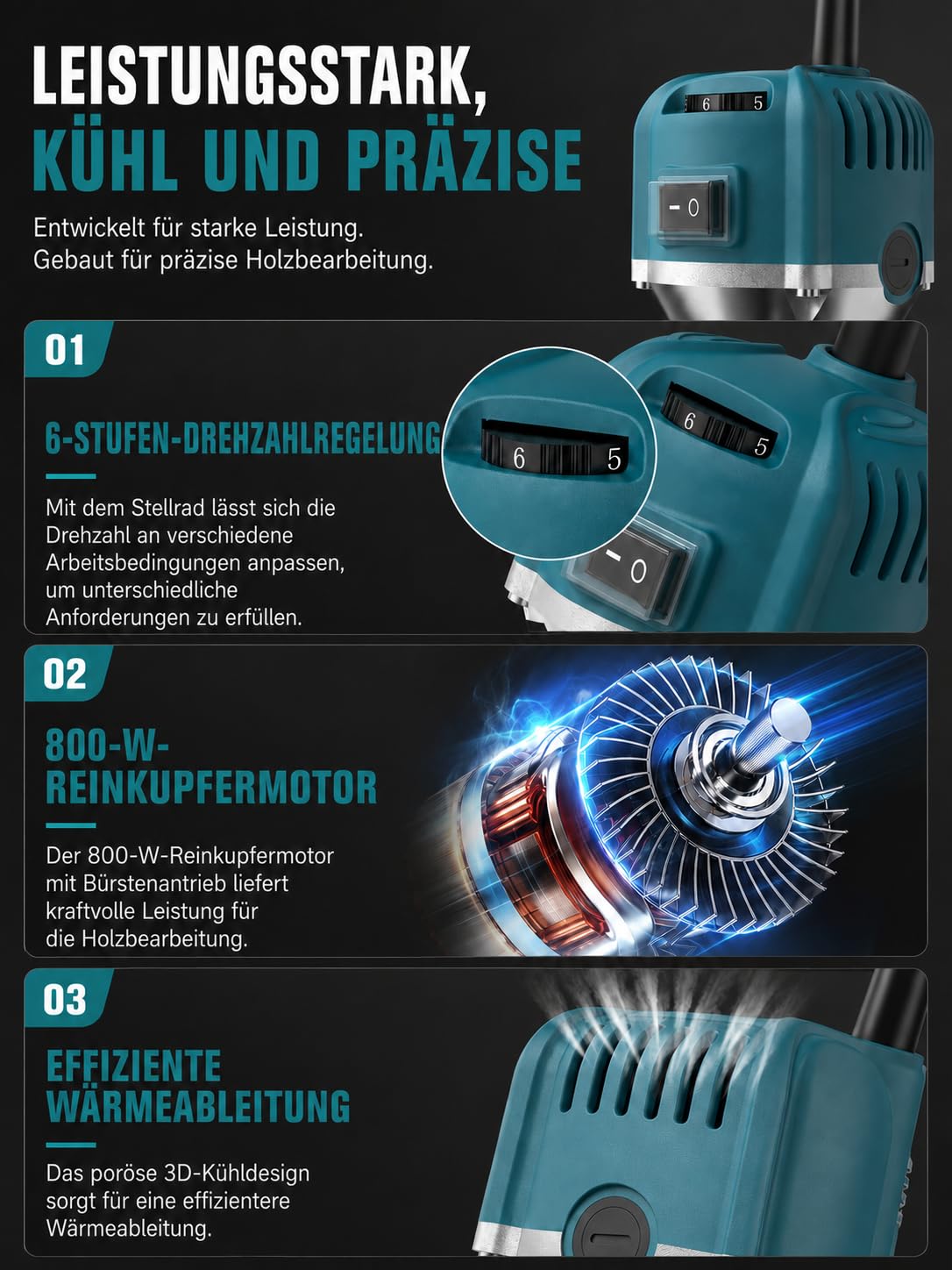 VOBOR Holzfräse Oberfräse, 800W 30000 U/min Elektrik Kantenfräse mit 15 Pcs 1/4" Fräsen Cuter, 6 Variable Geschwindigkeiten 6mm, 6.35mm Spannzange für die Holzbearbeitung