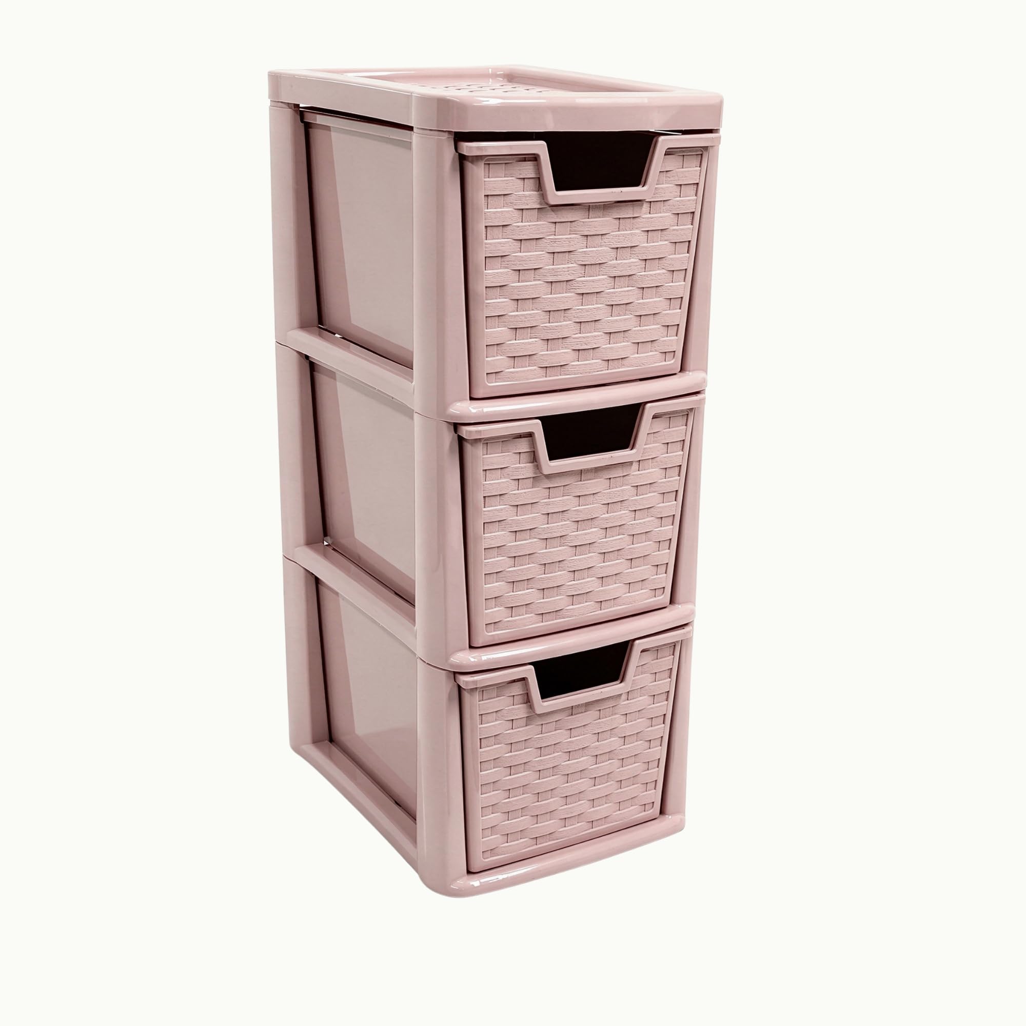 SIDSONS - Medium Rattan Effect Drawer Storage Unit Plastic Tower with Spacious Drawers for Home Office Bedroom Living Room Organisation Durable Stylish Design (Rattan Pink, 3 Tier)