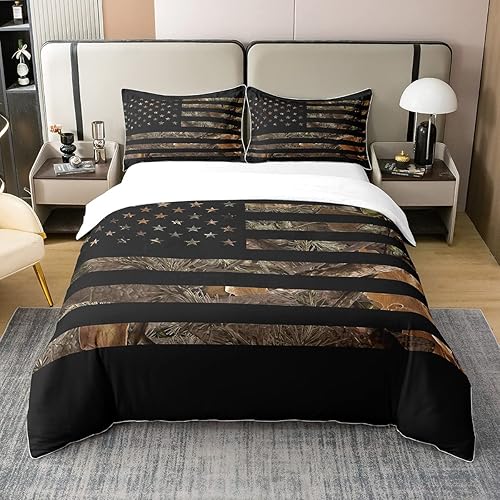 Miniatura 3 de Erosebridal Juego de ropa de cama 100% algodón con camuflaje de bandera americana, funda de edredón rústica con árboles y hojas para cazadores