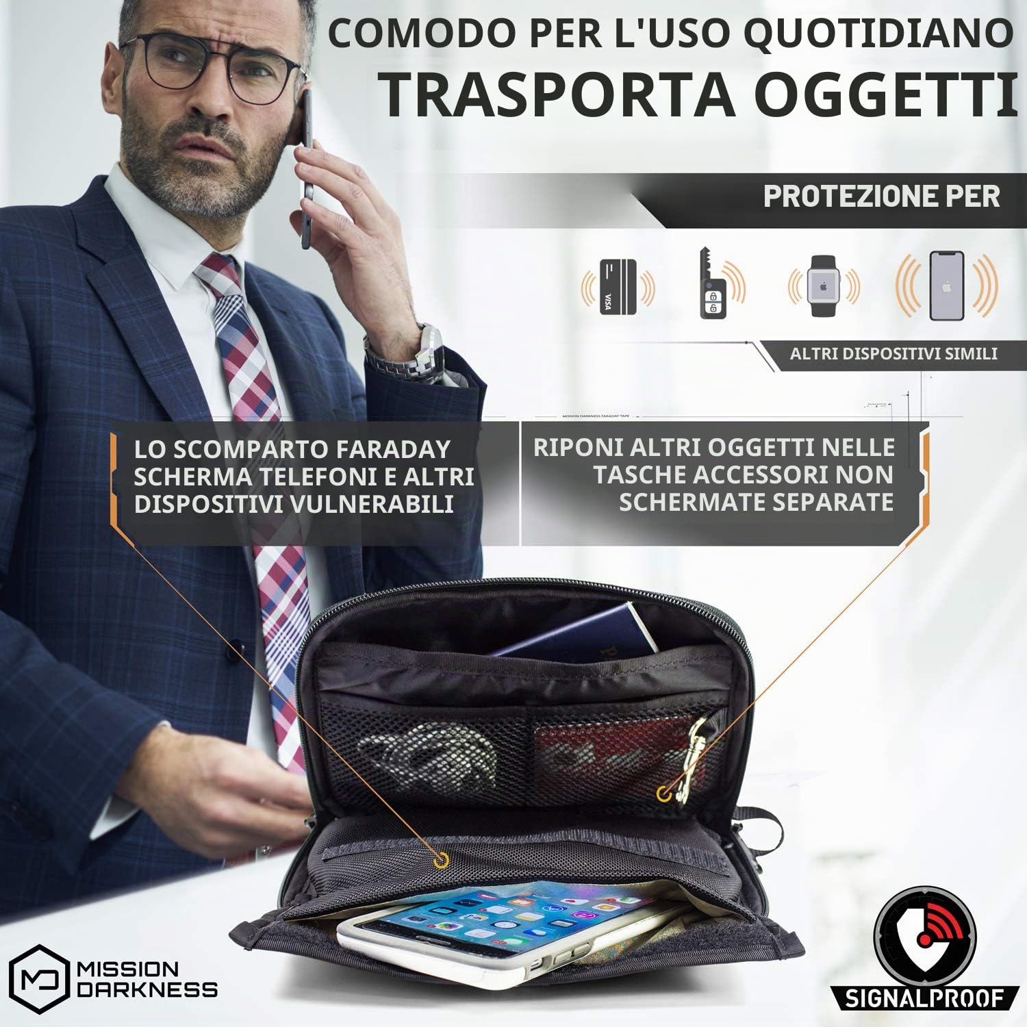 Mission Darkness Mojave Faraday Phone Bag — Multi-Functional Travel Case with Accessory Pockets and Built-in Faraday Sleeve/Signal-Blocking, Anti-Tracking, Anti-Hacking, EMF Reduction