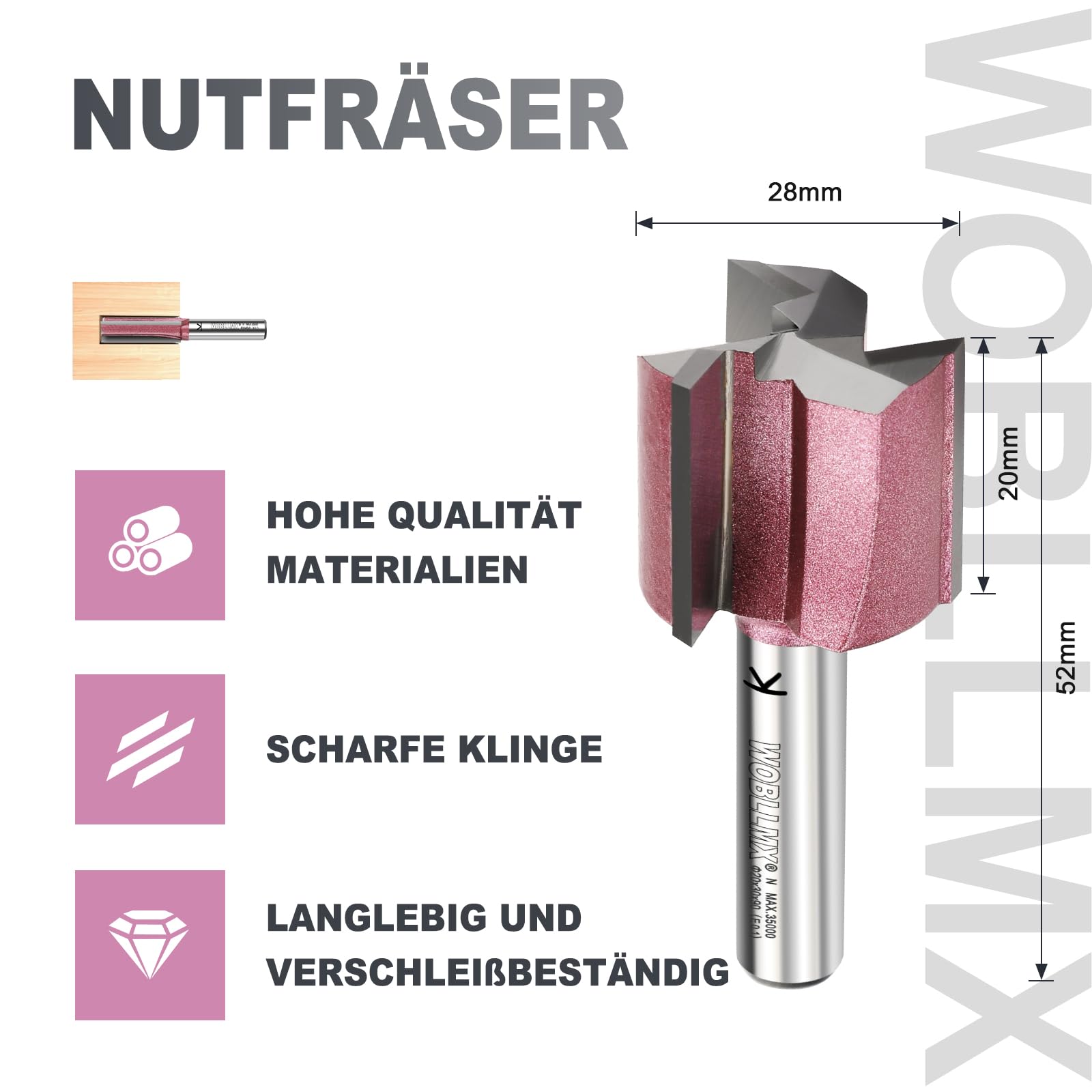 Fresa a scanalatura a 3 taglienti con gambo da 8mm, Ø28mm lunghezza di lavoro 20mm professionale in metallo duro fresa a scanalatura standard per legno pannelli ad alta densità accessori