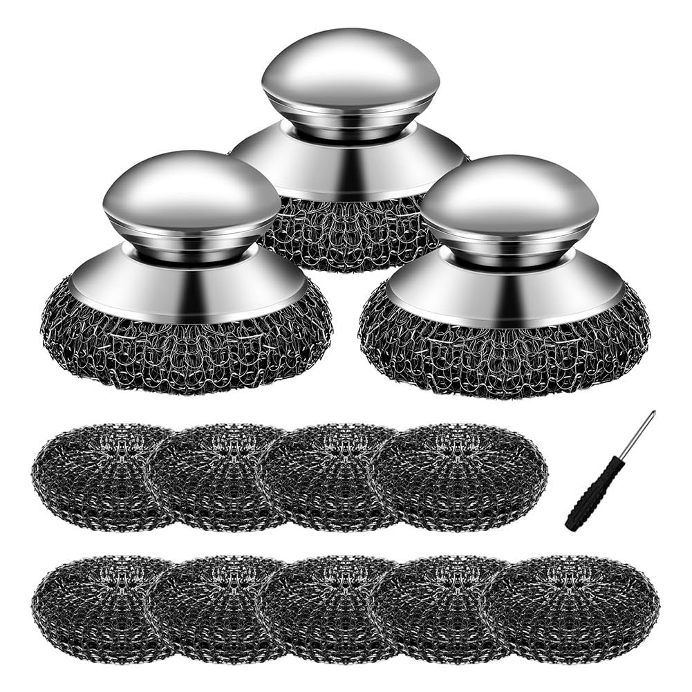 CTRLZS 3 Pcs Steel Wool Scrubber with Handle 9 Replacement Steel Scrubber Wool Pads for Kitchen Cast Iron Sink Griddles Grills for Cleaning Cast Iron, Dishes, Kitchen Pots