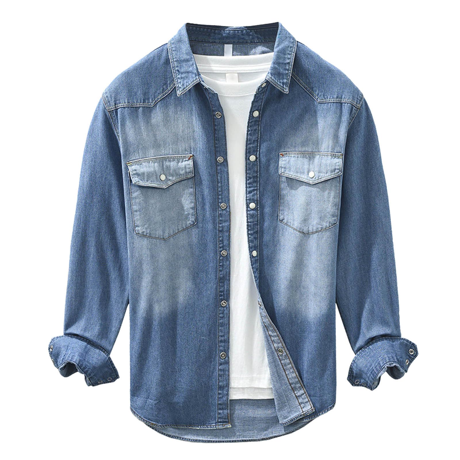 Camicia da uomo in denim, a maniche lunghe, con colletto da cowboy Kent, vestibilità normale, a maniche lunghe, da lavoro, tinta unita, con bottoni automatici
