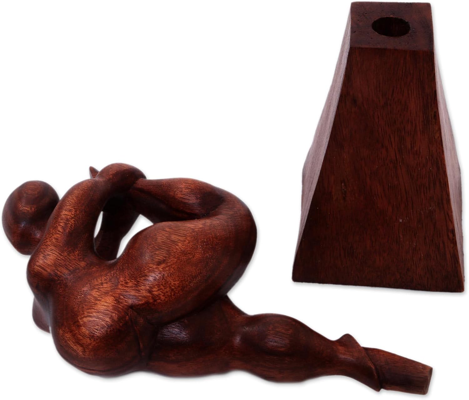 NOVICA Artisan Handcarved Wood Sculpture Suar Female Form from Bali Brown Indonesia People Portraits Yoga [14.5in H x 4.7in W x 5.5in D] ' Leg Stretch'