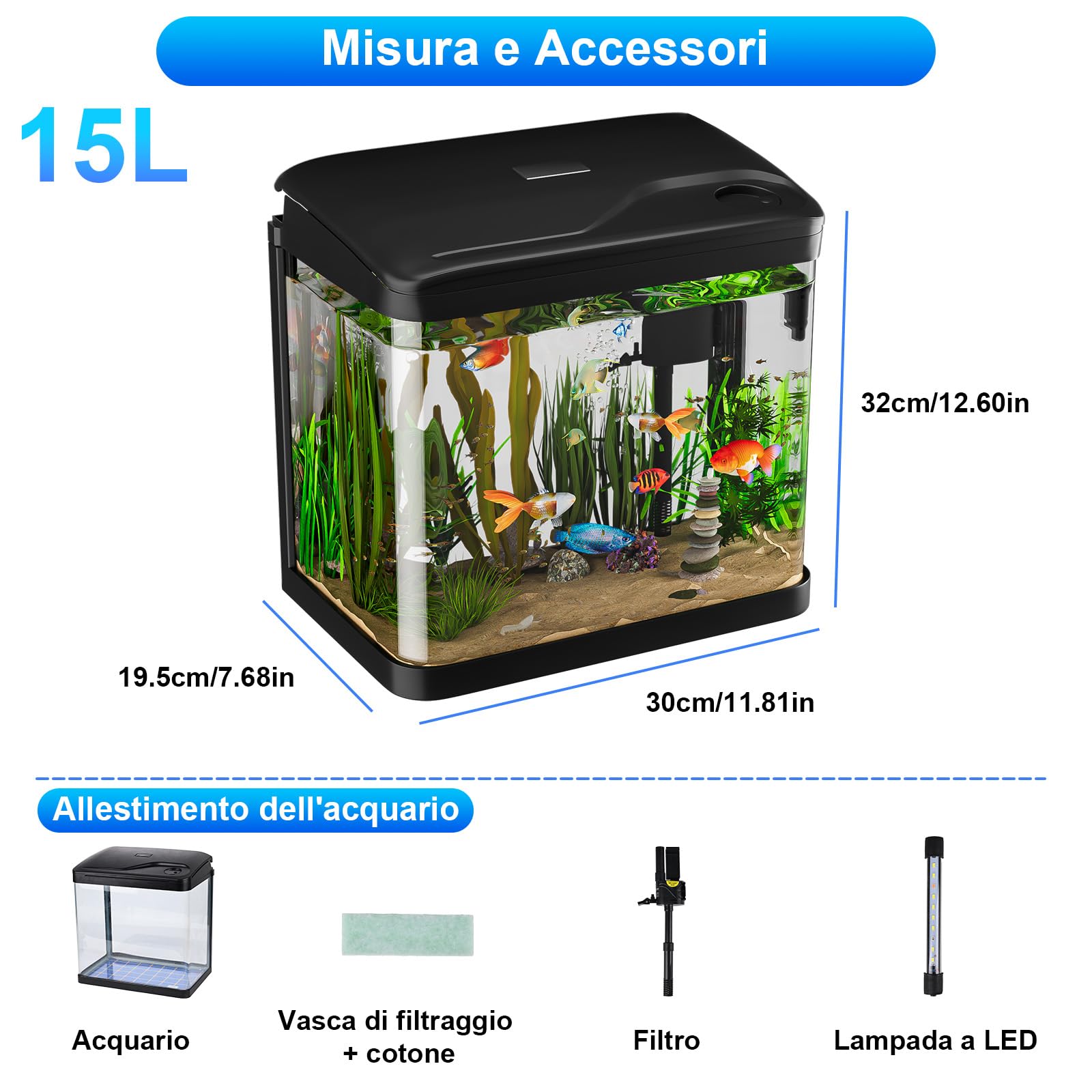 Acquario in Vetro Acquario Completo Acquarios Per Pesci Rossi,con Illuminazione a LED e Sistema di Filtraggio,15 Litri,Nero,Set Per Principianti