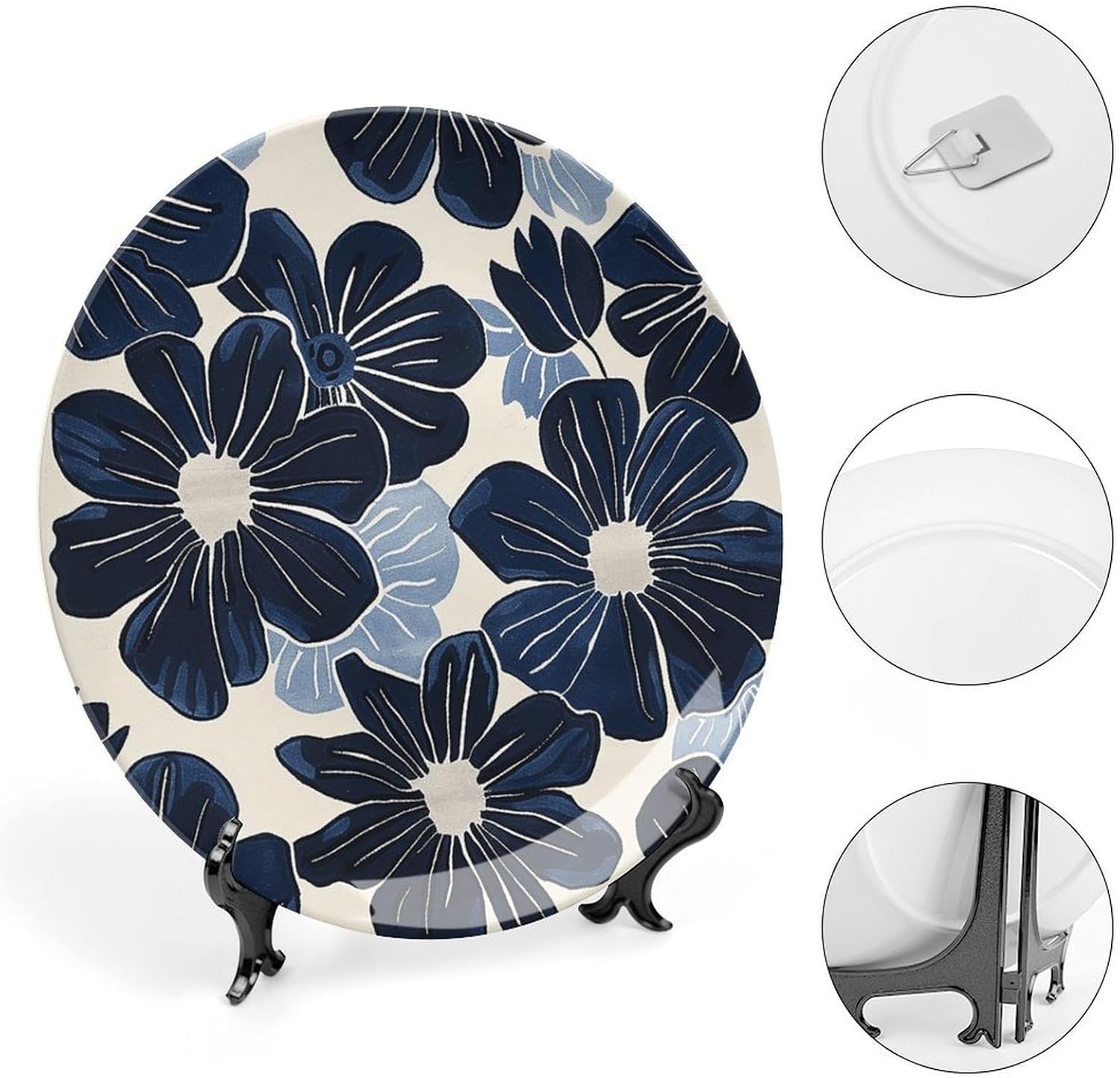 Bone China Decorative Plates Navy Blue Flowers Ceramic Decorative Plate Wall Decor with Display Stand Ceramic Ornaments for Wall Hanging Decoration
