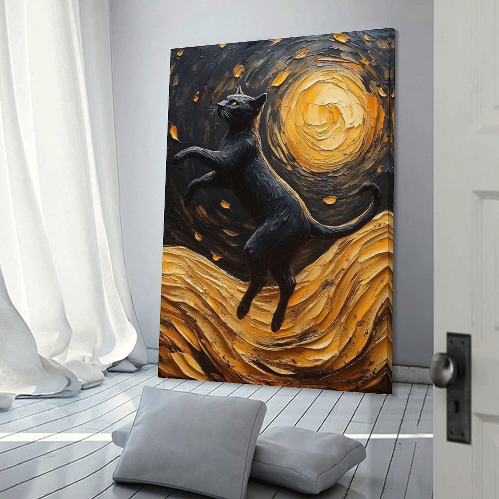 Junmoney Frame-Style-9-1 Black Cat In Impasto Style Wall Picture Print, 08X12inch(20X30cm), For Workspace Walls, Study Corners Or Bedrooms, Wall Art That Adds Style To Work Areas