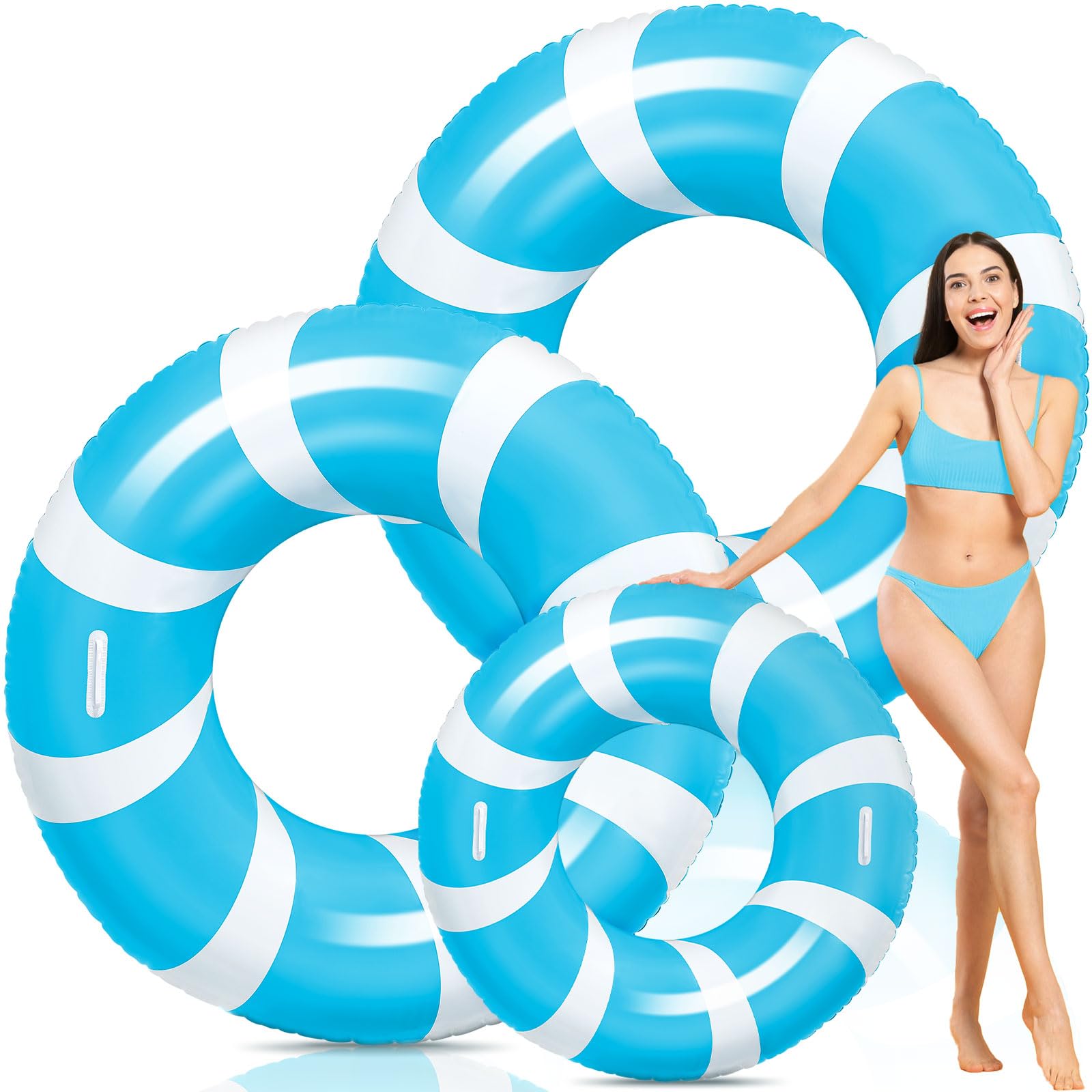 WinnerWhy 2 Pcs Jumbo Blue Swim Ring with Handles 47.24 Inches Inflatable Pool Float Tube Classic Striped Inflatable Swimming Pool Ring for Adults