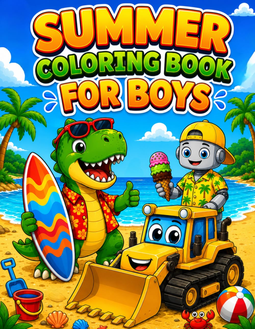 Summer Coloring Book for Boys: From Beach Days to Road Trips, Kids Will Discover Surfing Dinosaurs, Exploring Robots, and Awesome Vehicles on Every Page!