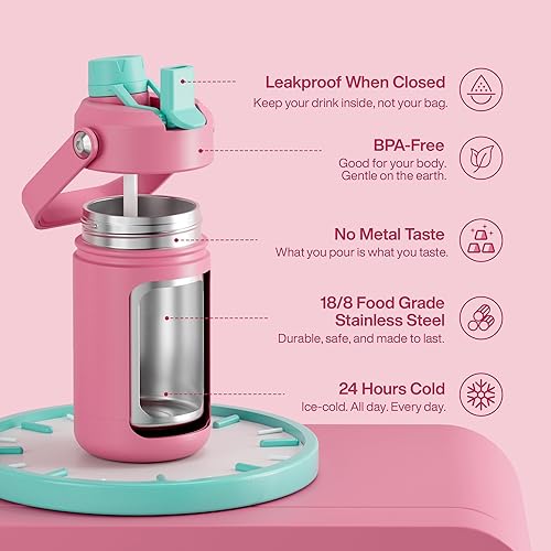 Miniatura 474 de ENCOOL Botella de agua aislada con popote, de acero inoxidable, a prueba de fugas, sin BPA, al vacío de doble pared que se mantiene fría durante 24