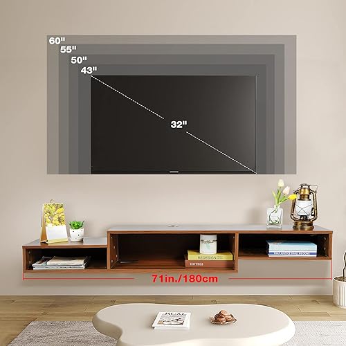 Miniatura 7 de Soporte flotante para TV con toma de corriente, centro de entretenimiento flotante de 71 pulgadas con LED marrón