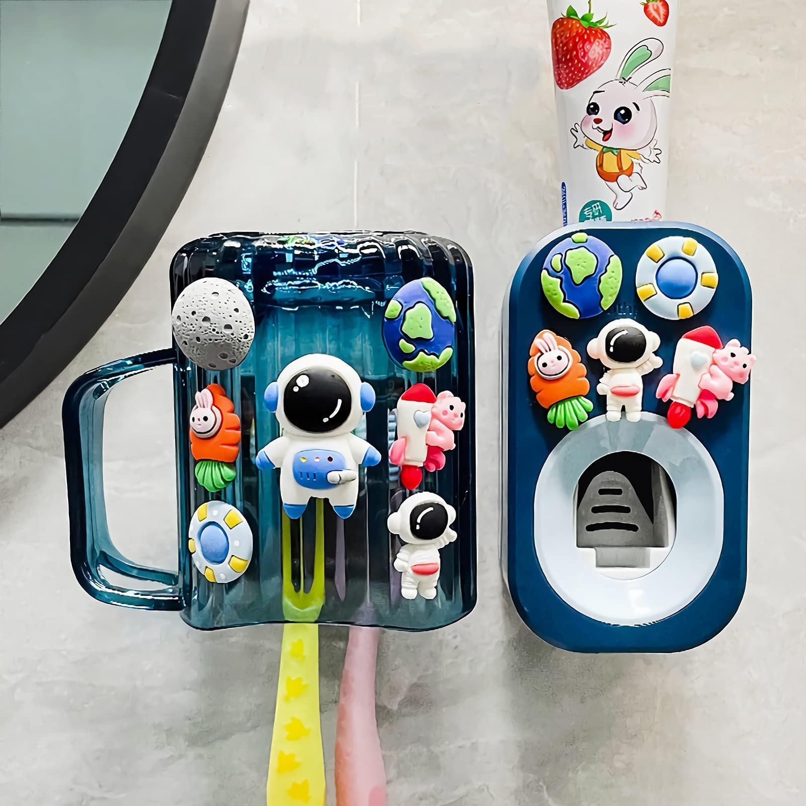 Automatic Toothpaste Dispenser & Toothpaste Holders and Wall Mounted Cup 3 Piece in a Set, is Wall Mounted for Bathroom,Toothpaste Squeezer for Kids & Family Shower (Navy Blue Set)