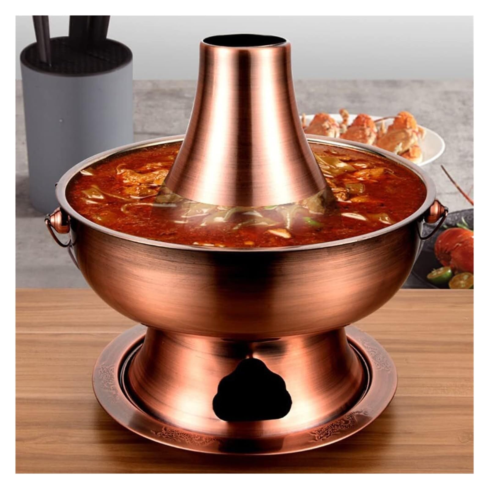 SAeWare Pentola calda cinese in rame, in acciaio inox, per servire shabu, per zuppa tradizionale cinese, con camino, per casa, feste, ristorante, argento, 32 cm