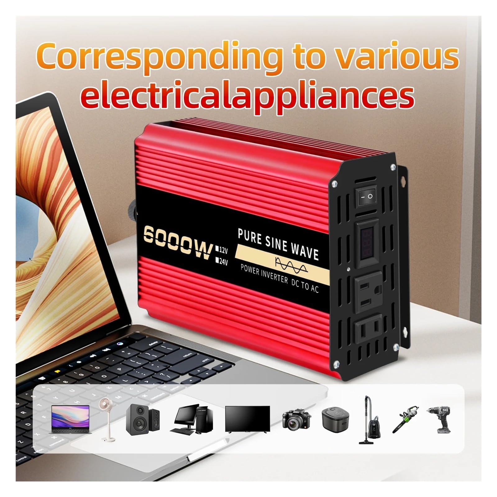 Inversor de Corriente for automoción 6000 W, 12 V CC a 110 CA, 60 Hz, Onda sinusoidal Pura, con LED Conectividad versátil
