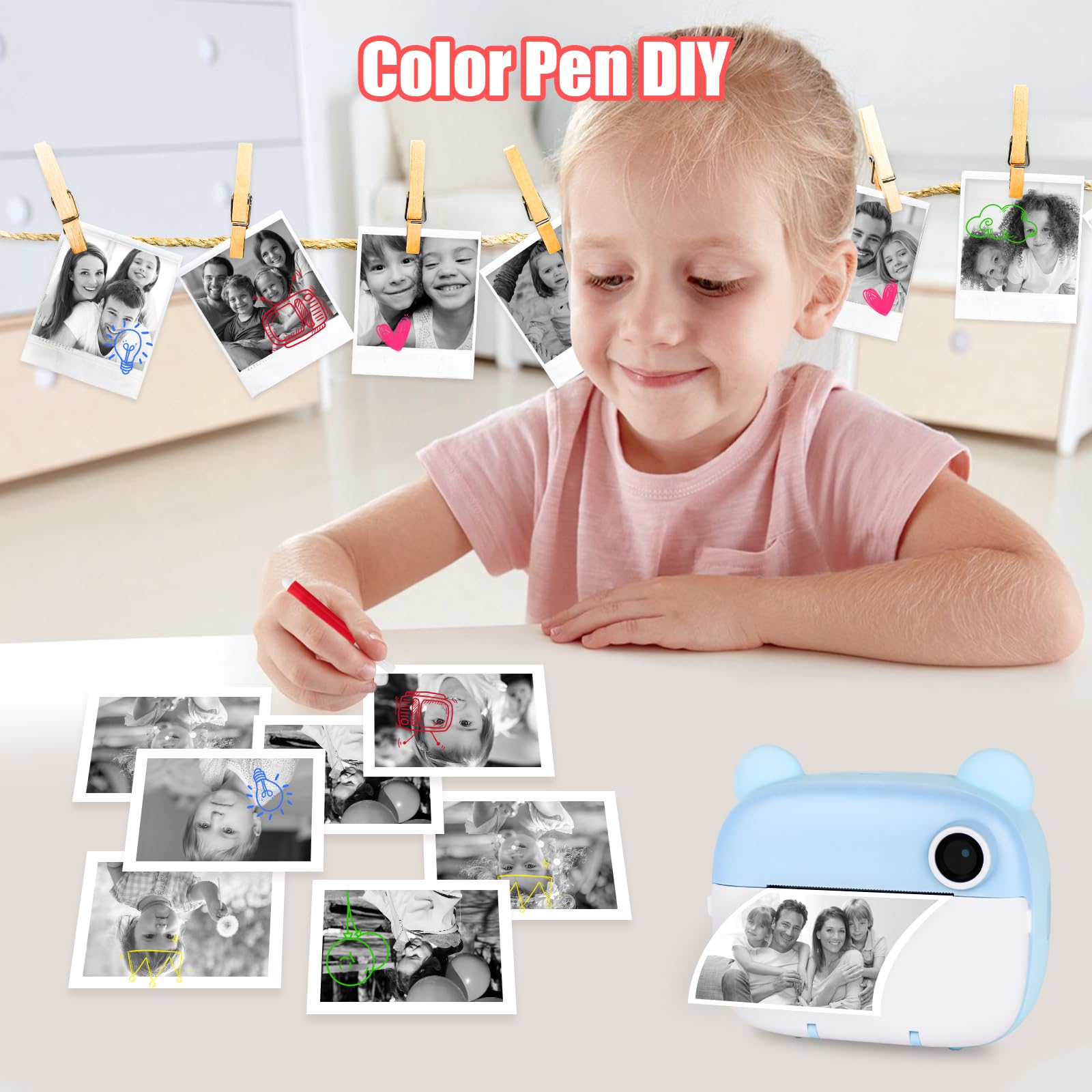 Fotocamera per bambini, 1080 p, fotocamera istantanea per bambini, con carta da 32 gb e carta fotografica, 3 – 12 anni, regalo di Natale per ragazze ragazzi (blu)