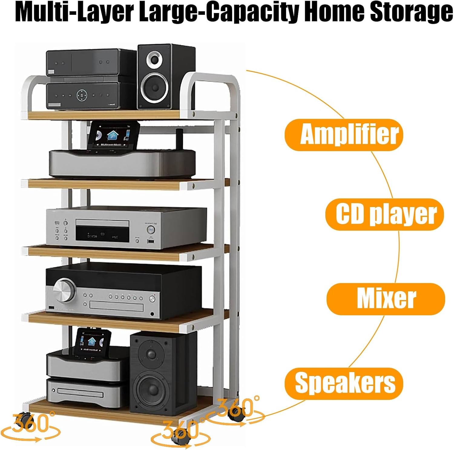 Movable media stand with wheels 3 4 5 Tier, audio rack cabinet for TV, AV Media Stand, Consoles, Streaming, Audio Video Components, Stereo Equipment, Gaming Devices(C,3Tier)
