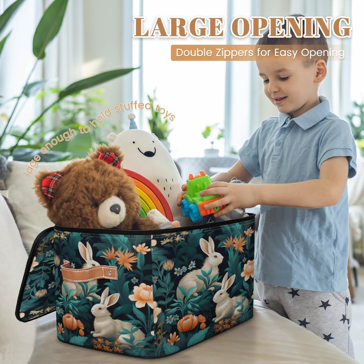 Storage Bin Set of 2 Bunny Flower Leaf Storage Basket with Zipper Lid & Handle Foldable Closet Shelf 2 Pack Cloth Organizer Basket Cube Bins Clothes Organizer for Bedroom, Nursery